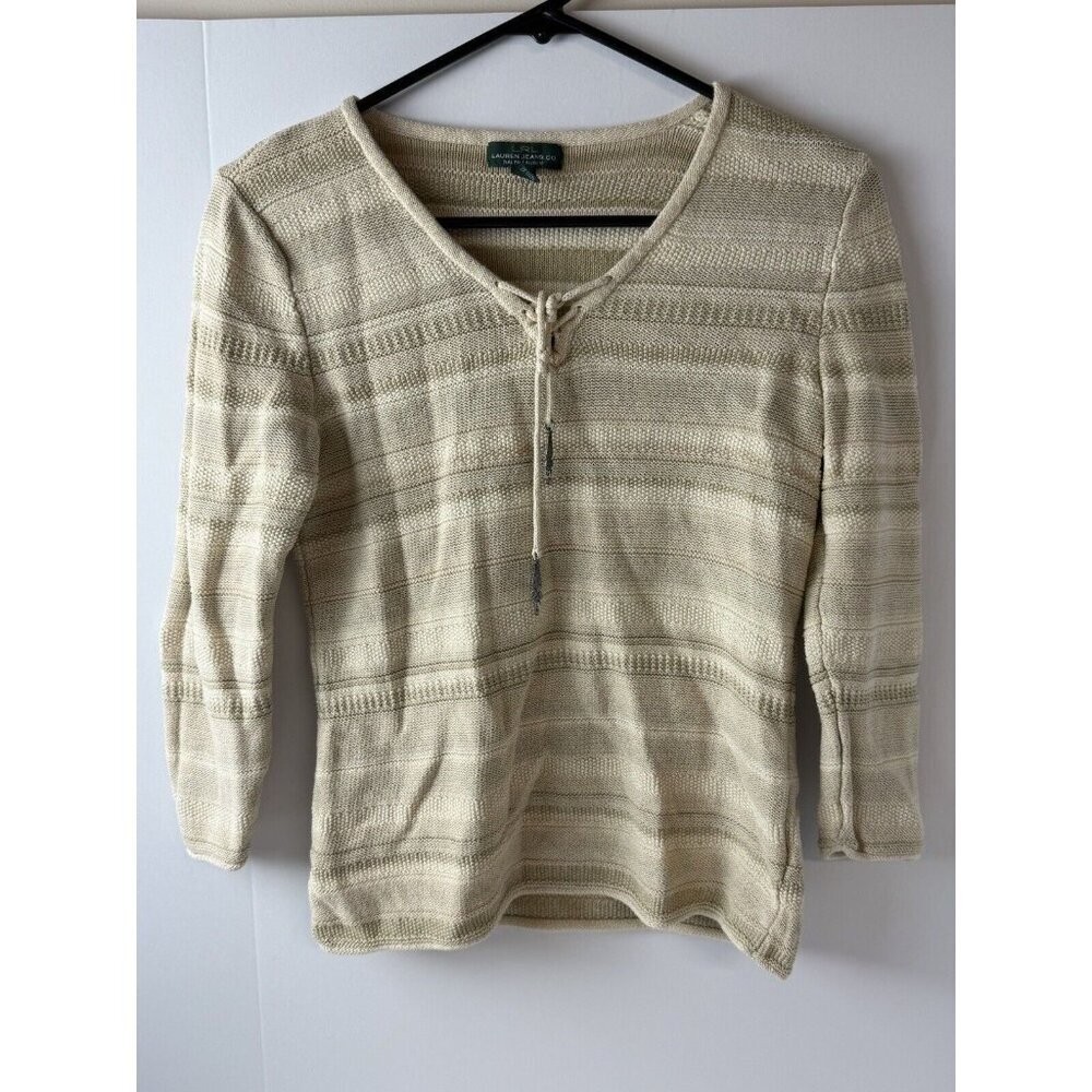 Ralph Lauren Women Sweater Sz‎ XS Cotton Beige Striped 3/4 Sleeve Pullover